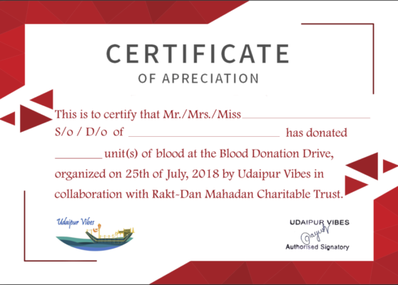 Certificate of appreciation given to the volunteers by Udaipur Vibes